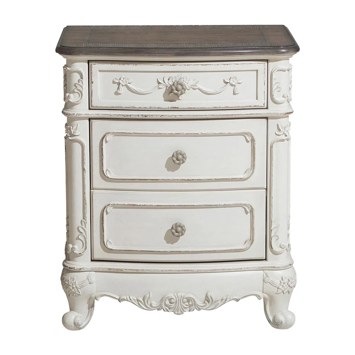 French Vintage Carved 3 Drawer Nightstand Antique White Wooden Bedroom Bedside Table