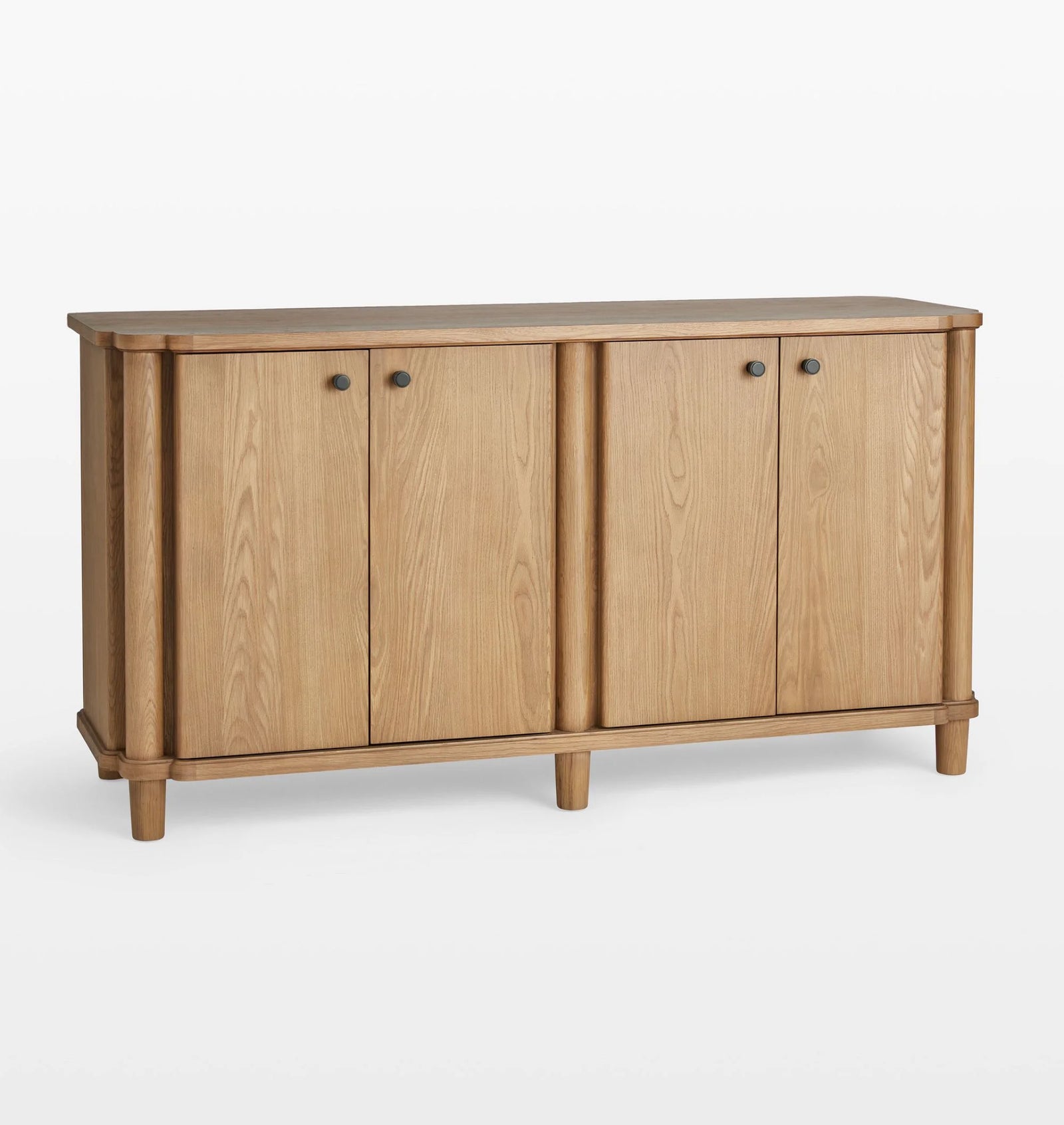 Mid-Century Modern Solid Wood Sideboard with 4 Doors Brass Knobs, Solid Wood Storage Cabinet for Dining Room