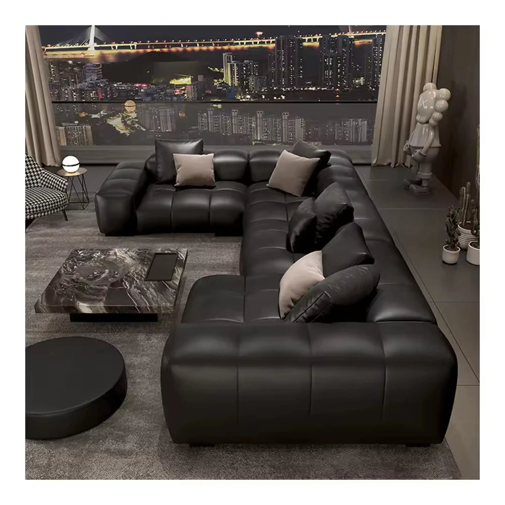 Italian Pixel's Stylish New Design Sectional Sofa Full Leather with Brushed Wood Velvet Modular Corner Bed