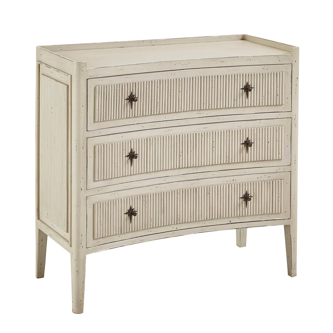 Distressed White Ribbed Solid Wood Drawer Chest of Drawers Farmhouse Vintage Bedroom Storage Dresser Cabinet