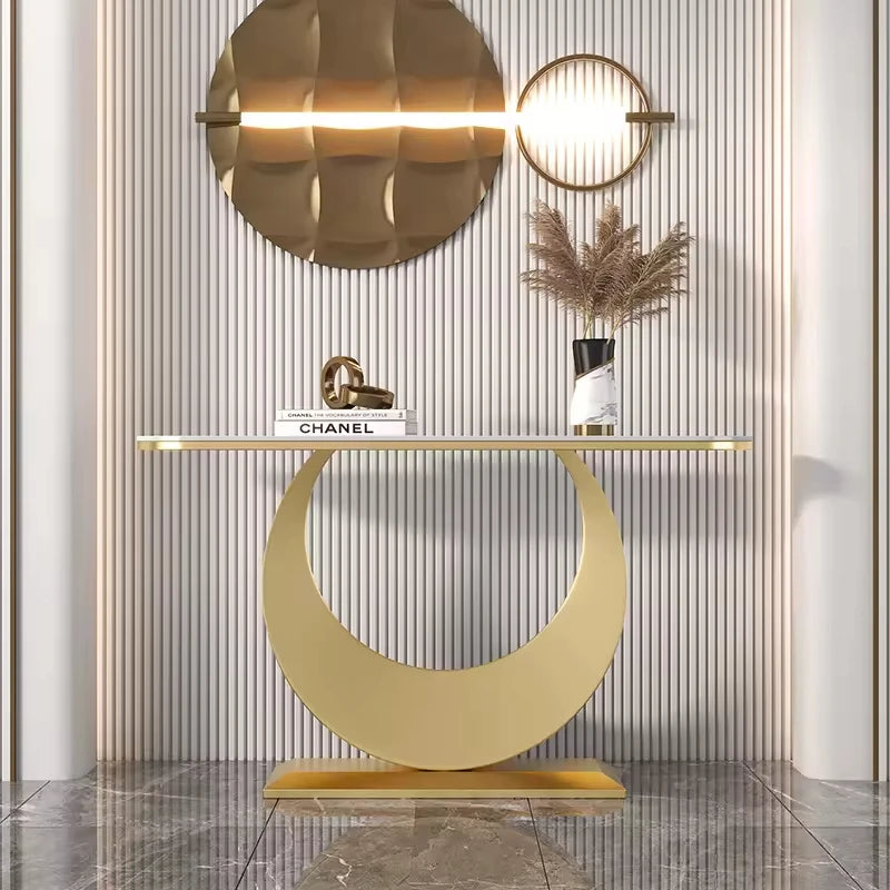 Maxky Nordic Simple Modern Gold Console Table Light Luxury Semi-Circular Slate Entry Dining Bedroom Living Room School