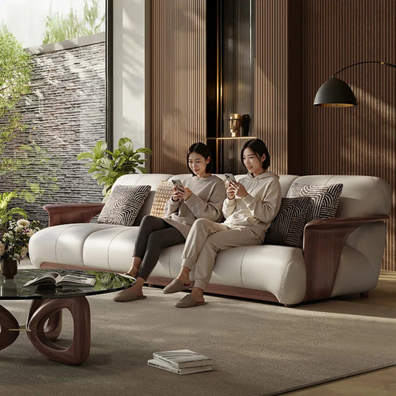 North American Black Walnut Solid Wood Sofa Set, Modern Minimalist High-end Top-grain Genuine Leather Sofa for Living Room.