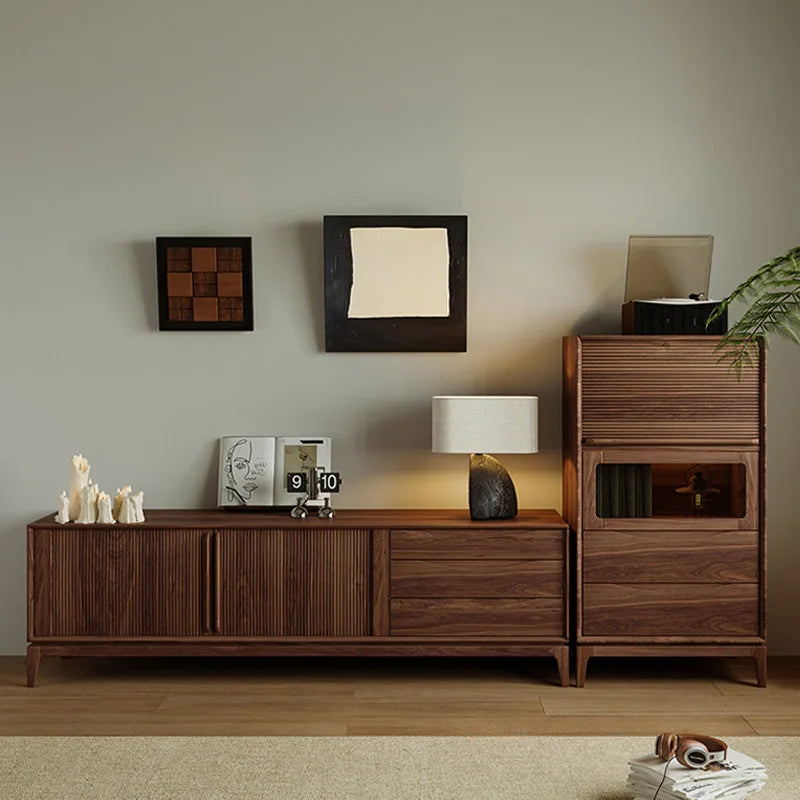 North American Black Walnut Vintage Medieval Style Solid Wood Living Room TV Stand with Storage Cabinet Home Furniture