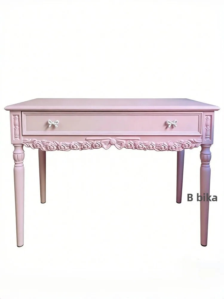 French Style Carved Dressing Table Pink Makeup Vanity Desk with Drawer for Bedroom