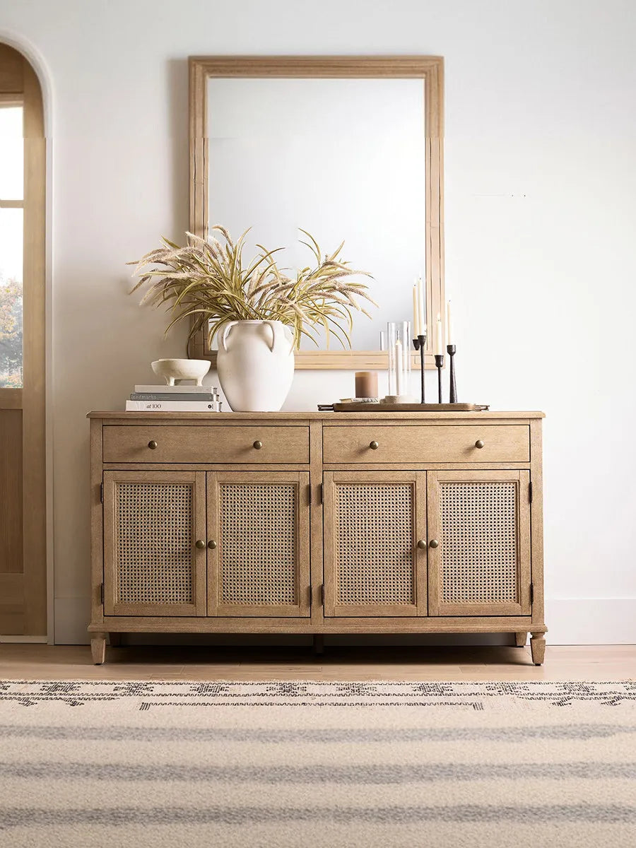 American Country Oak Solid Wood Rattan Woven Multifunctional Sideboard Vintage Distressed Wabi-Sabi Style Dining Room Entryway