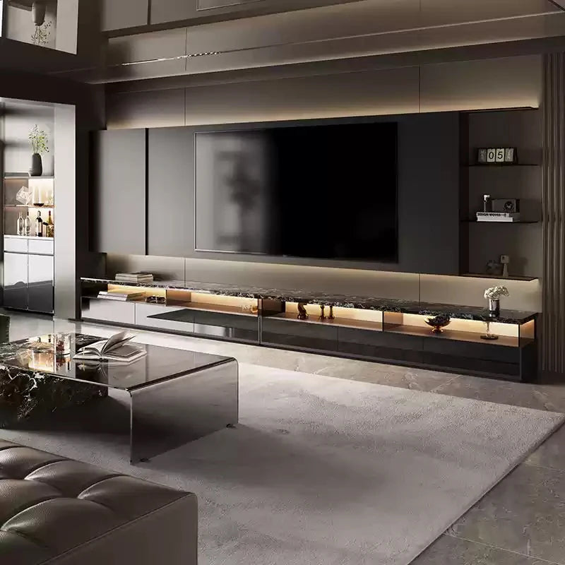 Italian Modern Minimalist Floor-standing TV Cabinet New Large Flat Black Rock Slab TV Cabinet Combination for Living Room Villa