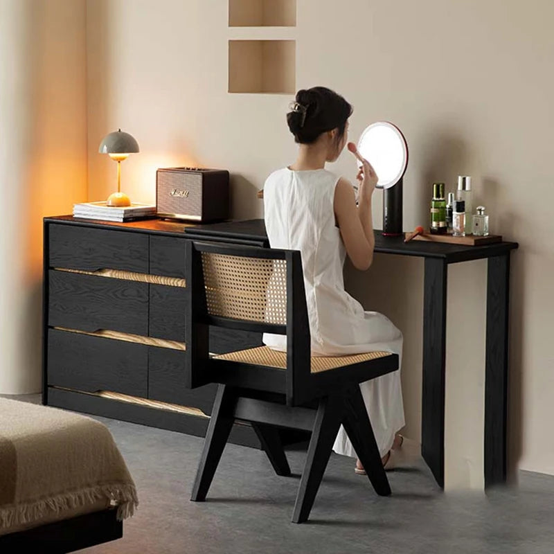 Nordic Style Solid Wood Corner Dressing Table Black Ash Wood Bedroom Bed End Double Table with Integrated Chest Drawers