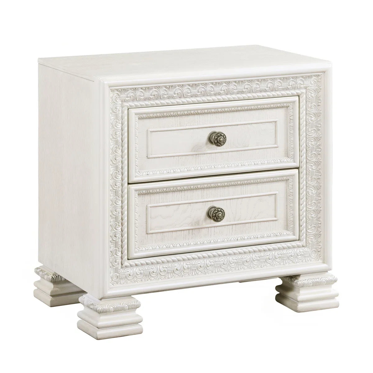 European Style Luxury Carved Solid Wood Nightstand, 2 Drawers Vintage Bedroom Bedside Storage Cabinet with Ornate Carvings