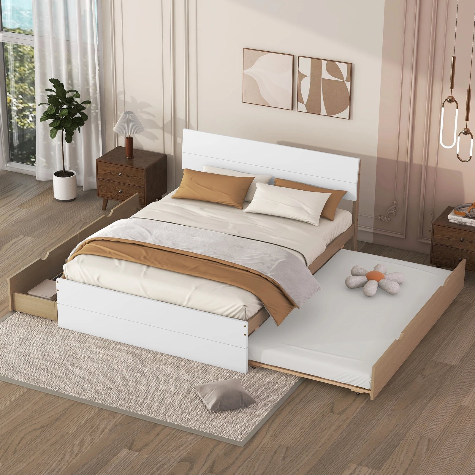 Modern Full Bed Frame With Twin Size Trundle and 2 Drawers for White High Gloss With Light Oak Color