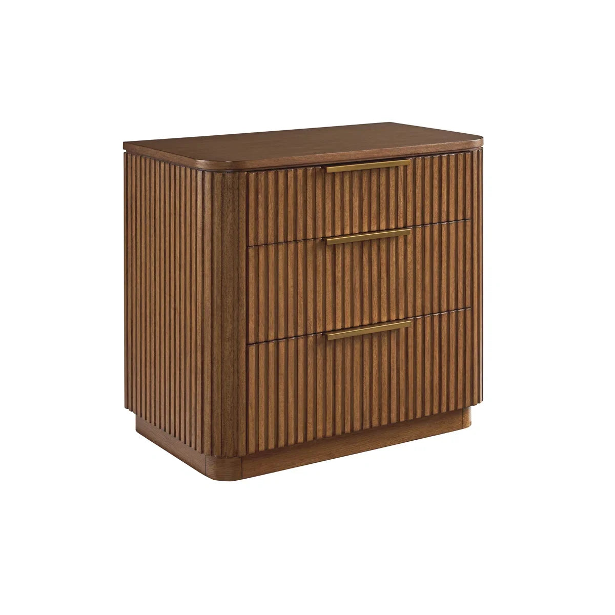 Mid-Century Modern Fluted Bedside Table, 3 Drawer Wooden Nightstand with Brass Handles, Bedroom Storage