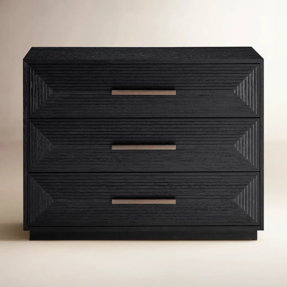 Luxury Black Fluted 3 Drawer Bedside Table, Modern Oak Wood Nightstand with Metal Pulls, Contemporary Bedroom Storage Furniture