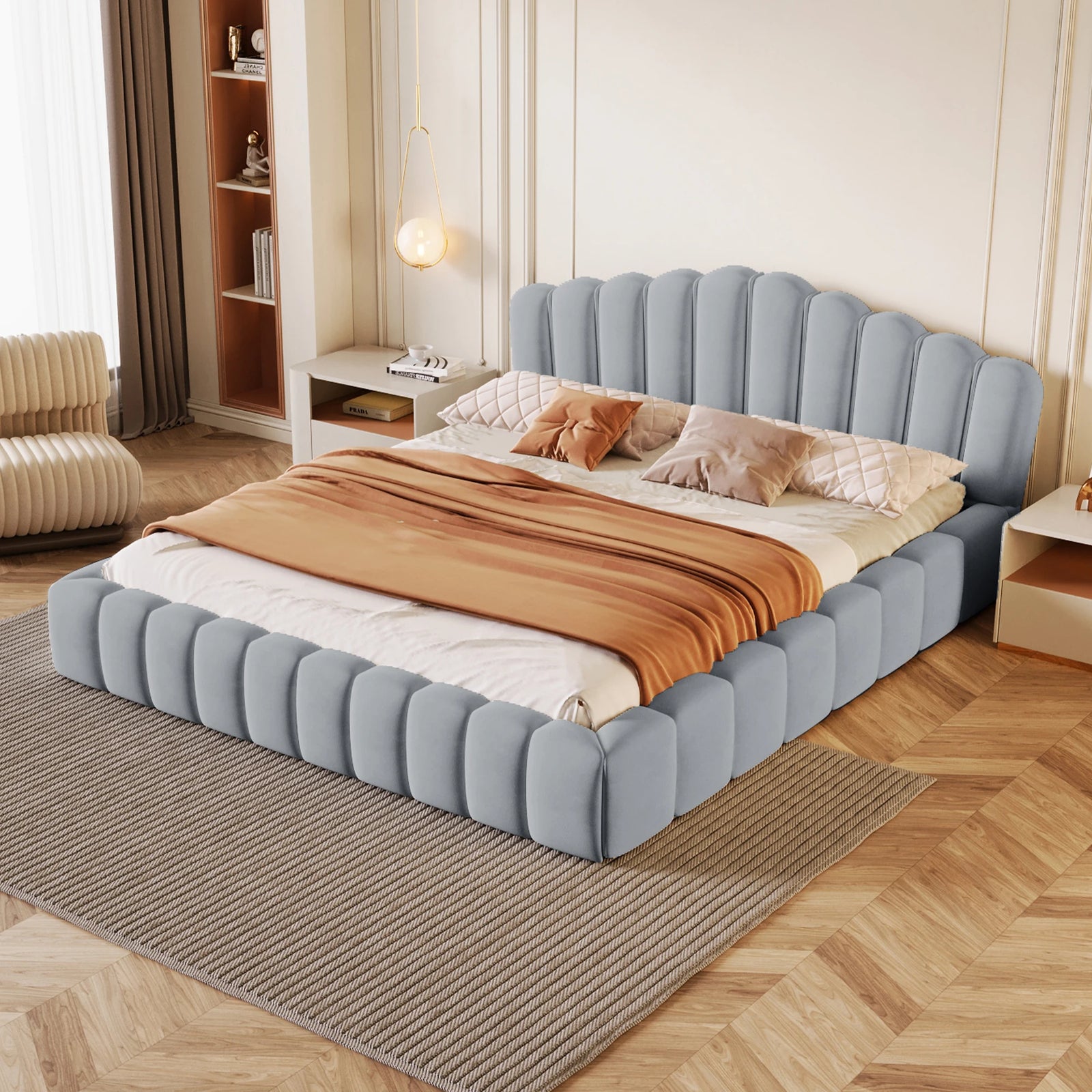 Light Blue Velvet Upholstered Queen Bed with Shell-Shaped Wood Headboard No Box Spring Needed Floor Bed Frame for Bedroom