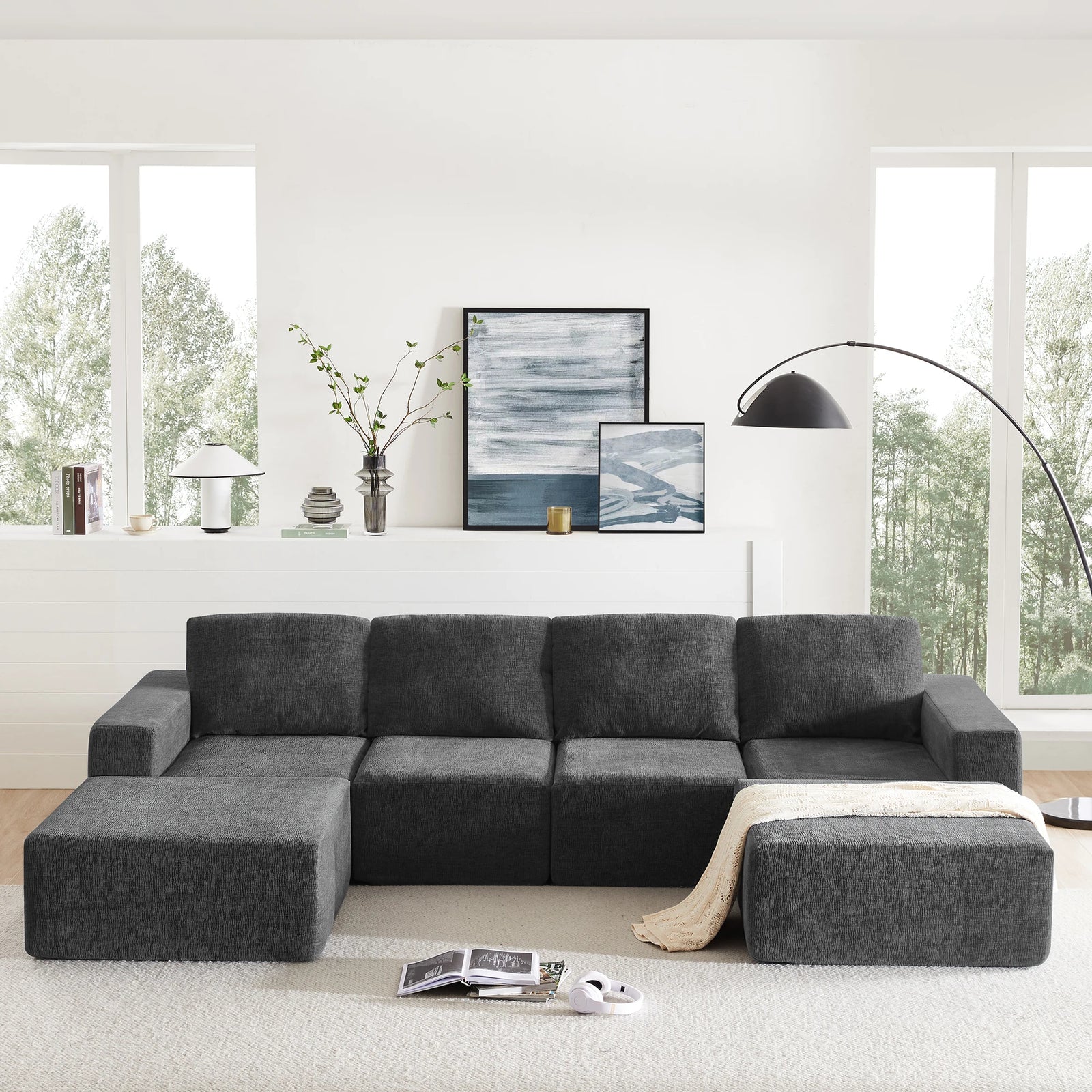 Luxury Chenille Fabric U-Shape Sectional Sofa Modular Indoor Furniture Upholstered Foam-Filled Sleeper Bed Set