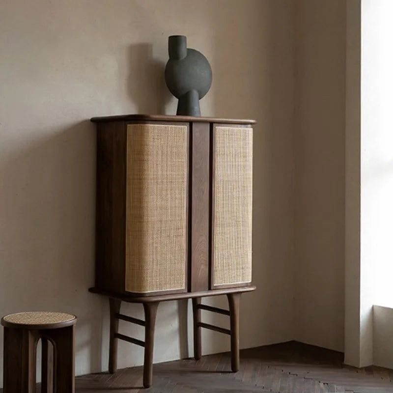 Modern Retro Dining Sideboard North American Black Walnut with Japanese Rattan Large Capacity Living Room Storage Wine Cabinet