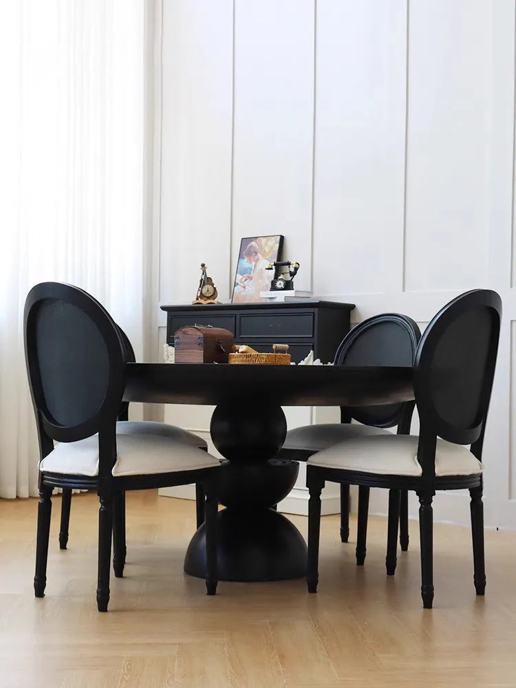 American-style Vintage Oak Round Table and 4-seat Dining Chairs Set. Home Antique Available for