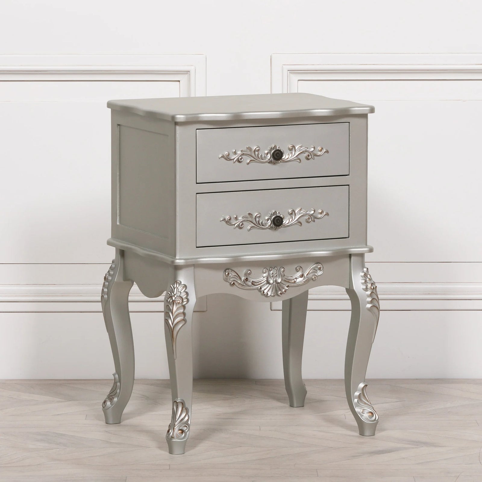 French Style Carved Wooden Nightstand, Vintage 2 Drawer Bedside Table with Curved Legs