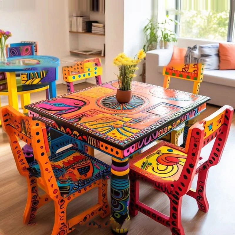 90x90 Ins Style Color Square Dining Table and Chair Combination Artistic 4-Person Table for Hotels