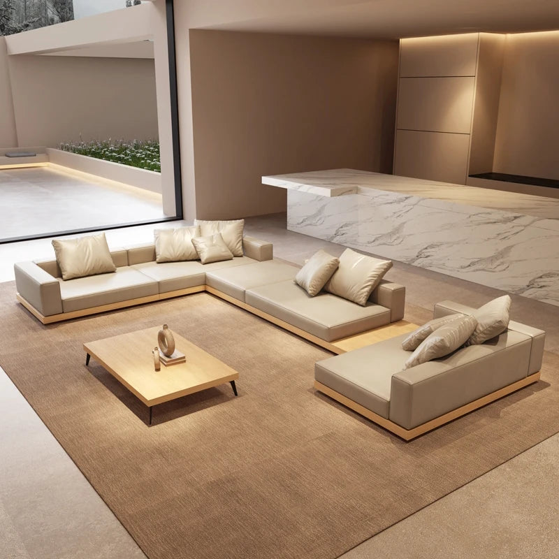 Modern Sectional Corner Sofa Chaise Longue Set Large Villa Log Style Solid Wood Living Room Latex Technology Cloth Sofa