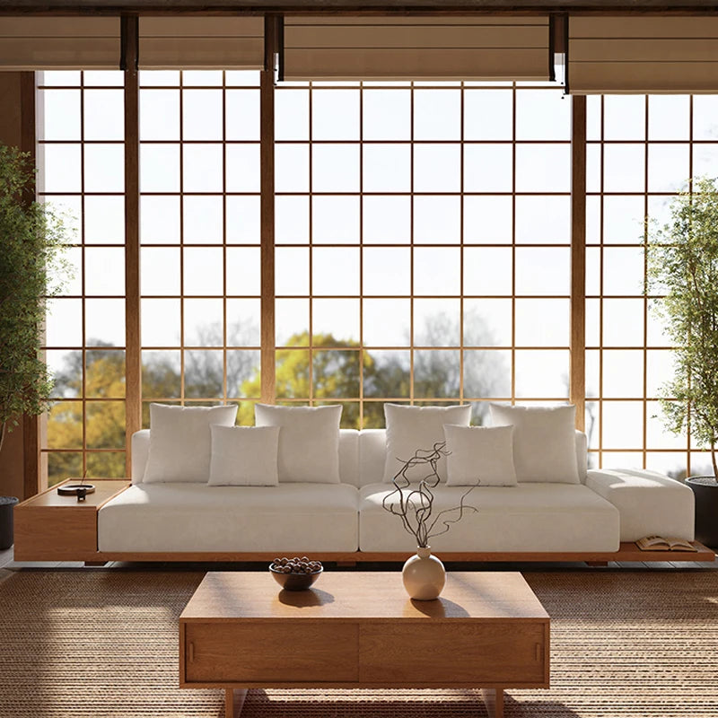 Wabi-Sabi Style Minimalist Sectional Sofa Japanese Oak Solid Wood with Straight Row for Large Villa Living Room or Hotel Use