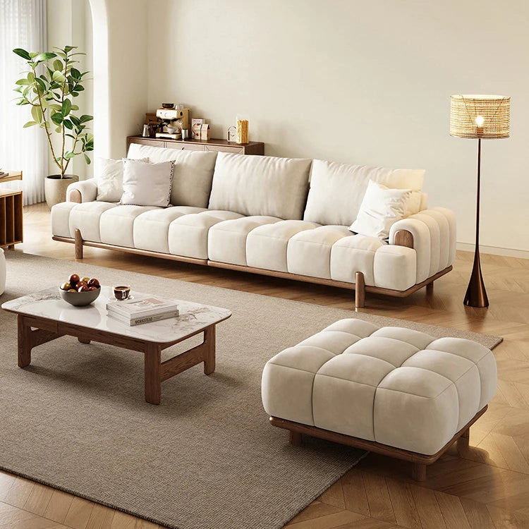 French Cream Style Medieval Living Room Straight Sofa Solid Wood with Puff Fabric and Anti-Cat Scratching Cloth for Hotels