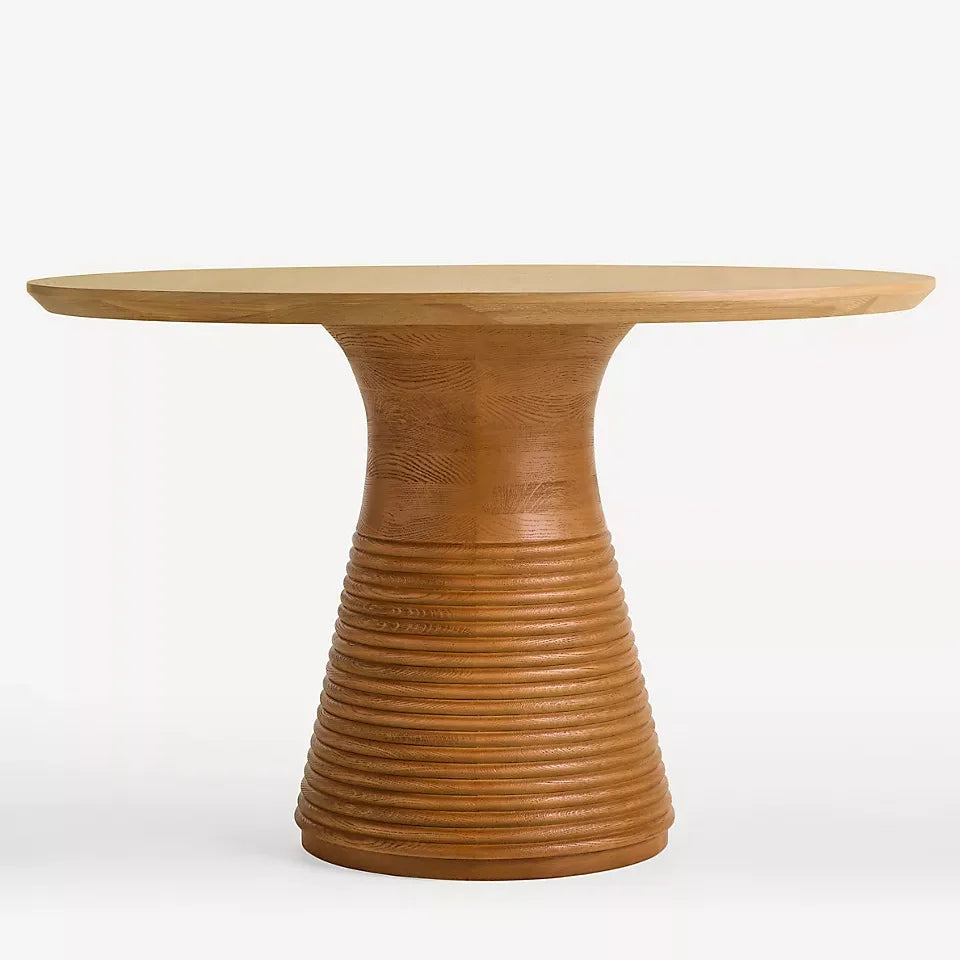 Wabi Sabi Style Solid Oak Round Dining Table with Textured Pedestal Base Wooden Table for Dining Room Cafe