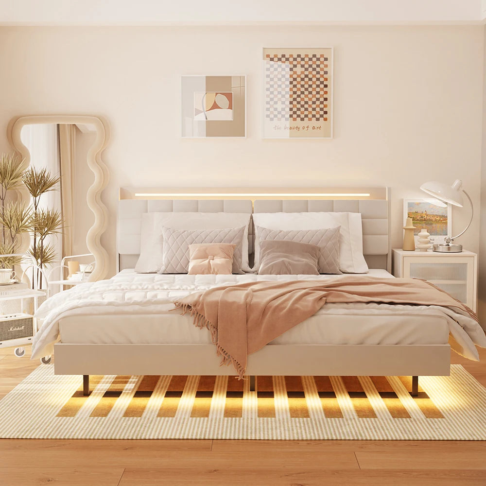 Queen Wooden Floating Bed Frame With Led Light Upholstered Platform Bed Frame With Headboard and Hidden Storage Space