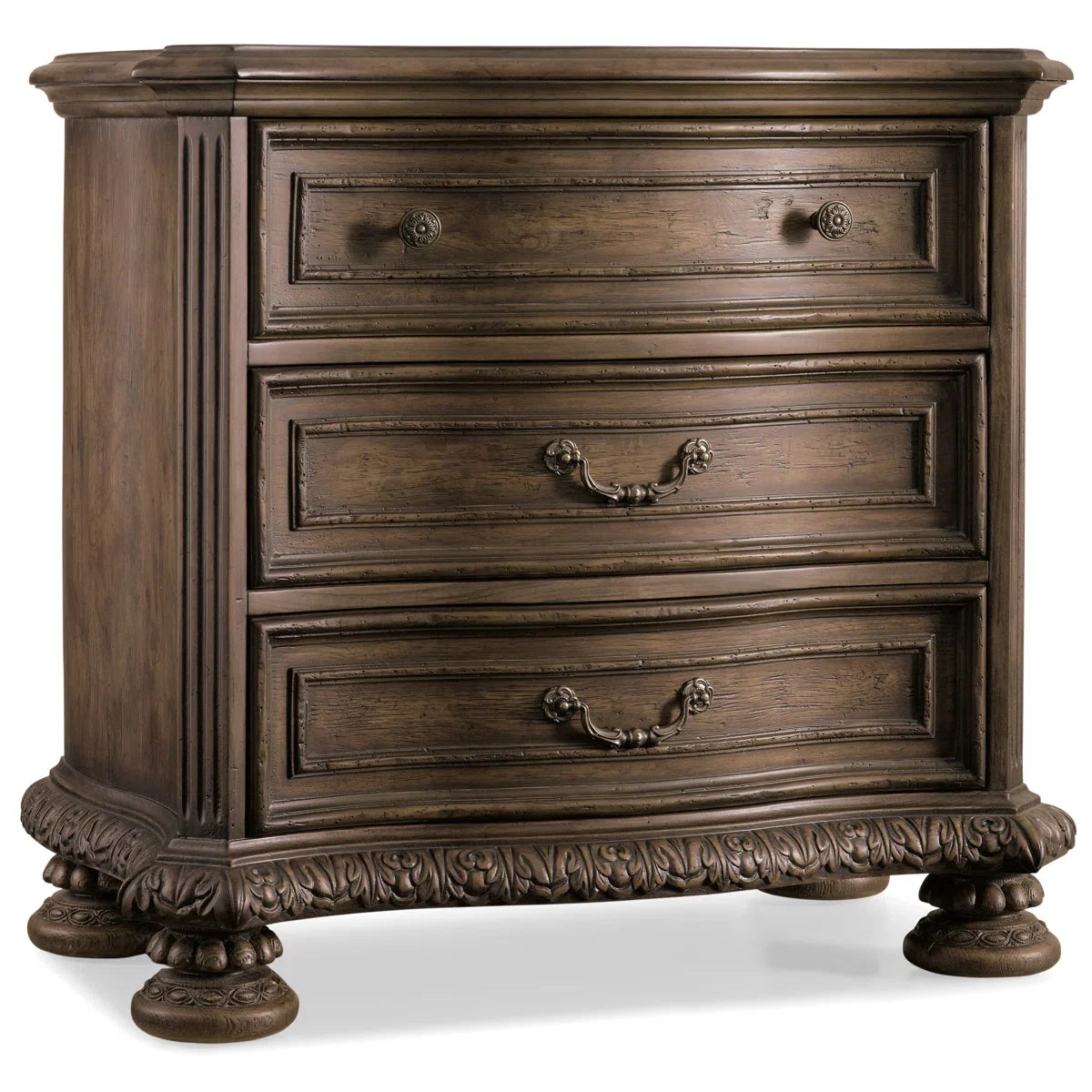American Vintage Style Solid Wood 3 Drawer Nightstand Hand Carved Distressed Bedside Cabinet for Bedroom Storage