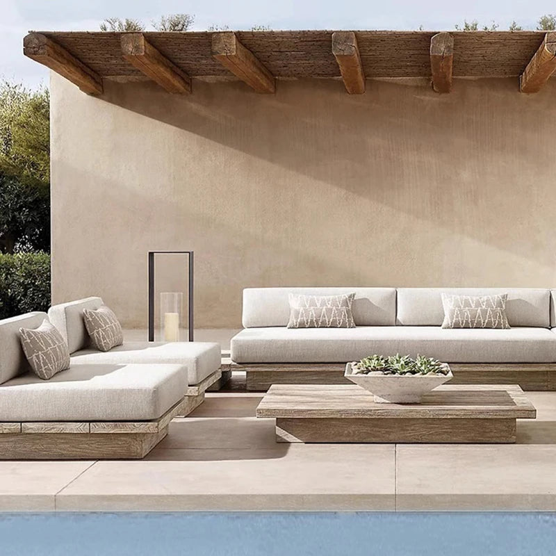 Nordic Outdoor Solid Wood Sofa Modern Design for Courtyard Waterproof Sunscreen Teak for Old Villa Open-Air Garden Combination
