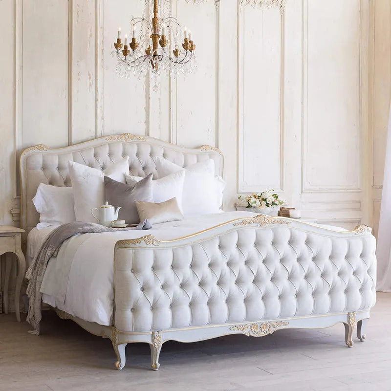 American Country-style Furniture French Italian Classic Solid Oak Wood Carved Upholstery Double Bed with Soft Backrest