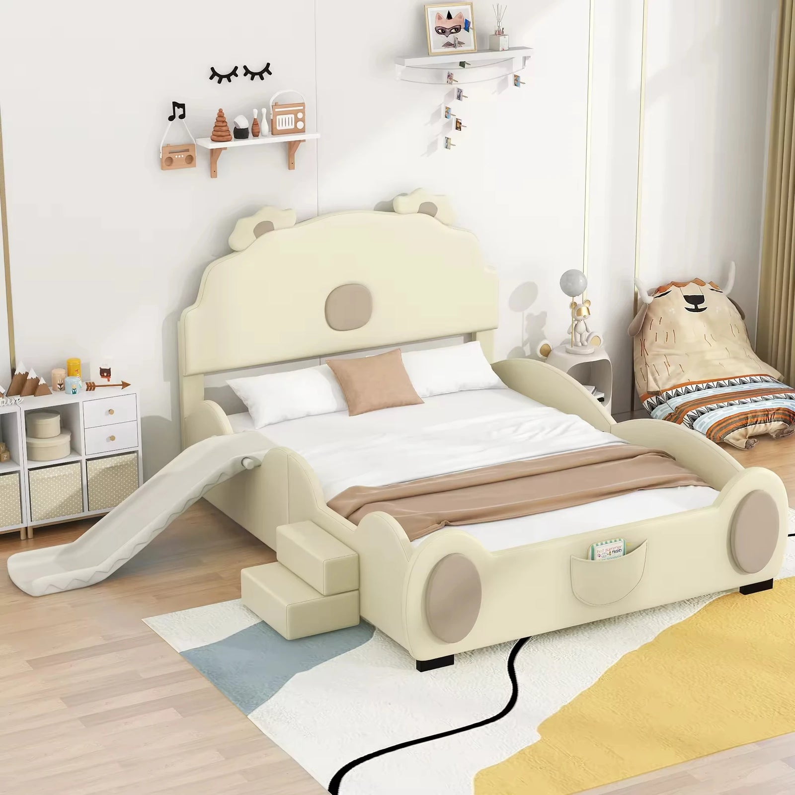 Modern Beige Full-Size Piglet Shape Headboard Bunk Bed Slide Upholstered Platform Bed Set for Children's Bedroom