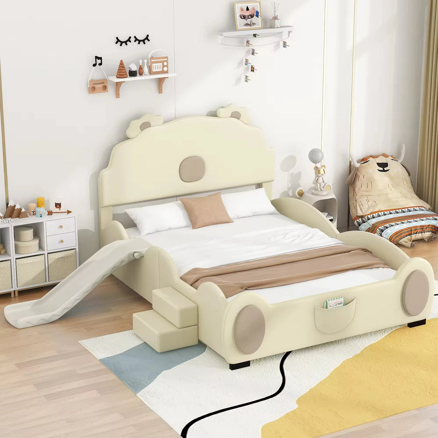 Modern Full-Size Upholstered Platform Bed Set with Piglet Shape Headboard and Bunk Bed Slide Beige for Children's Bedroom