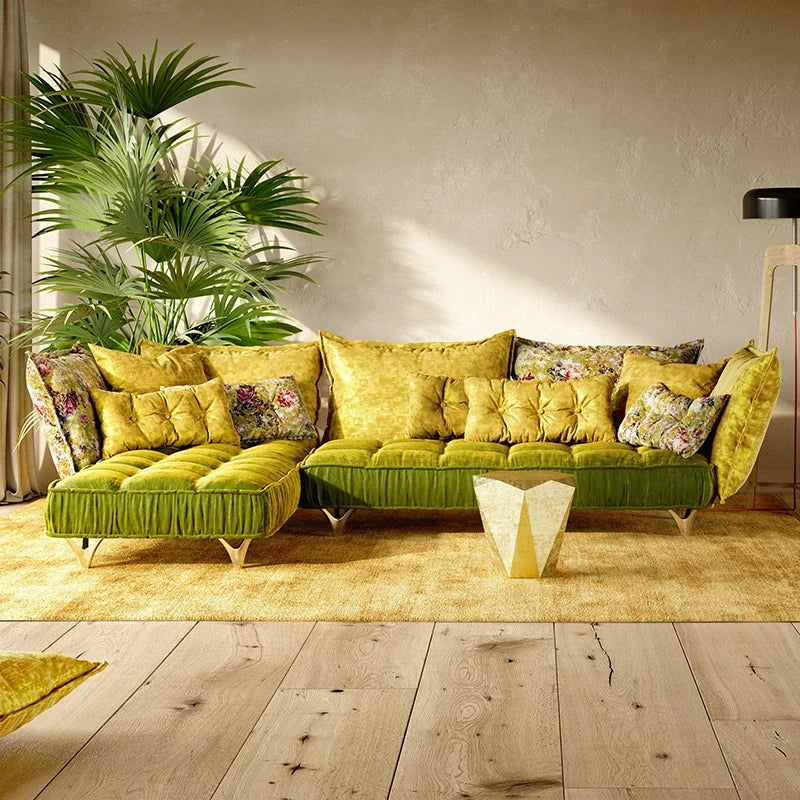 Italian Designer Retro Cozy Pattern High-End Green Fabric Corner Combination Sofa for Living Room for Villas and Homes