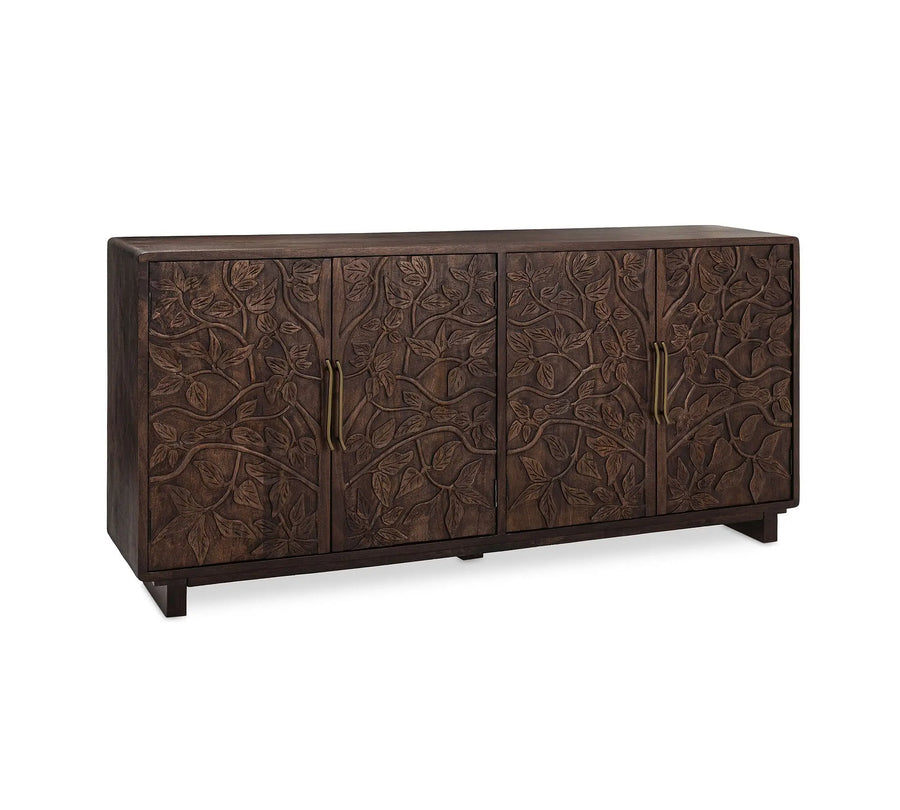 Rustic Solid Wood Sideboard Buffet Cabinet with Hand-Carved, 4-Door Vintage Storage Credenza for Living Room Dining Room