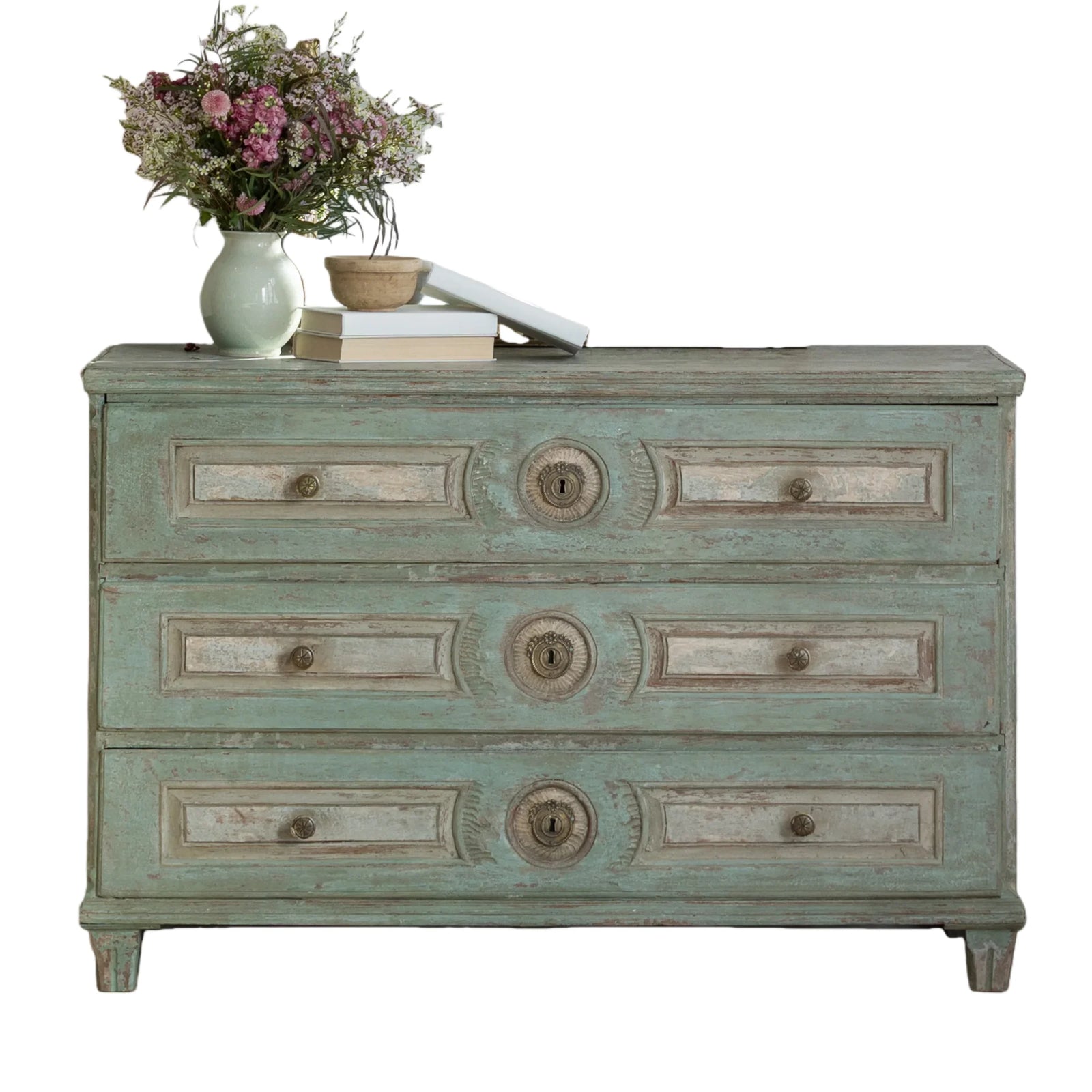 French Antique Style Solid Wood Handmade Luxury 3-Drawer Chest of Drawers Green Finish for Bedroom and Living Room