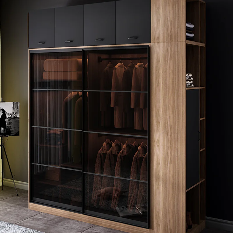 Modern Simple Design Brown Tempered Glass E1 MDF Board Wardrobe Cabinet