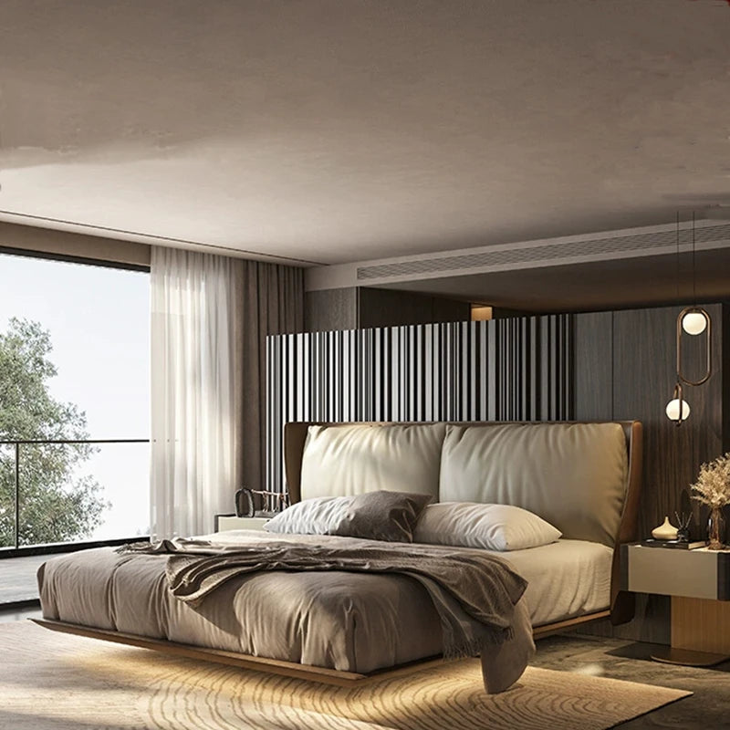 High-End Italian Leather Double Bed Frame Luxury Eco-friendly Hypo-Allergenic Modern Soft Suspended Master Bedroom Bed Light