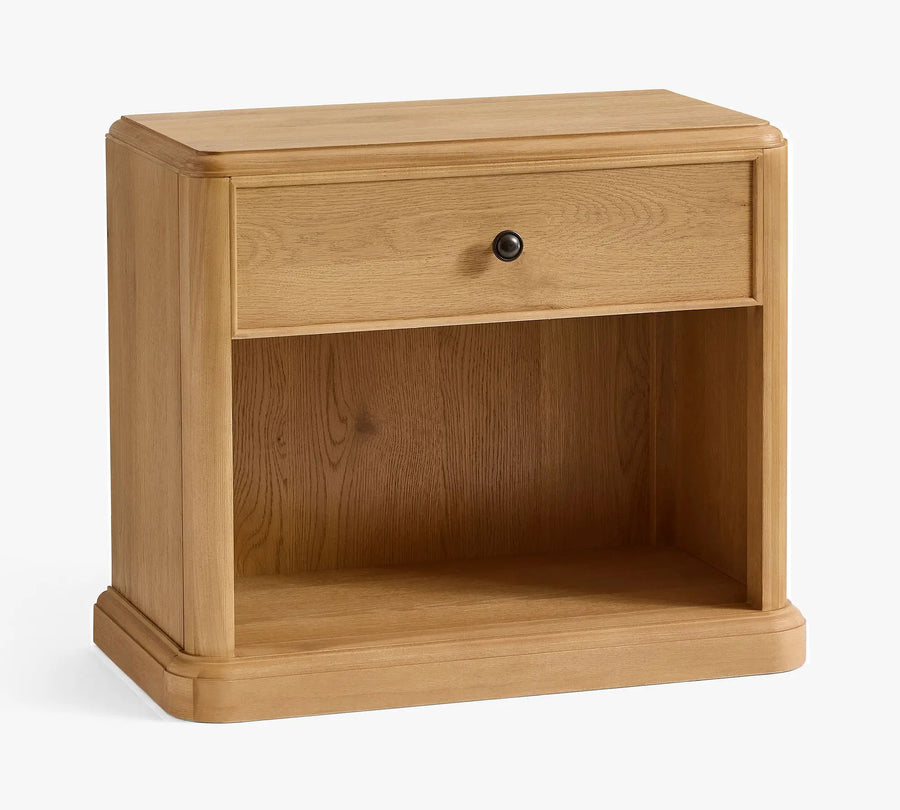 French Style Solid  Wood Nightstand with Drawer and Open Shelf, Natural Wood Finish Bedside Table for Bedroom