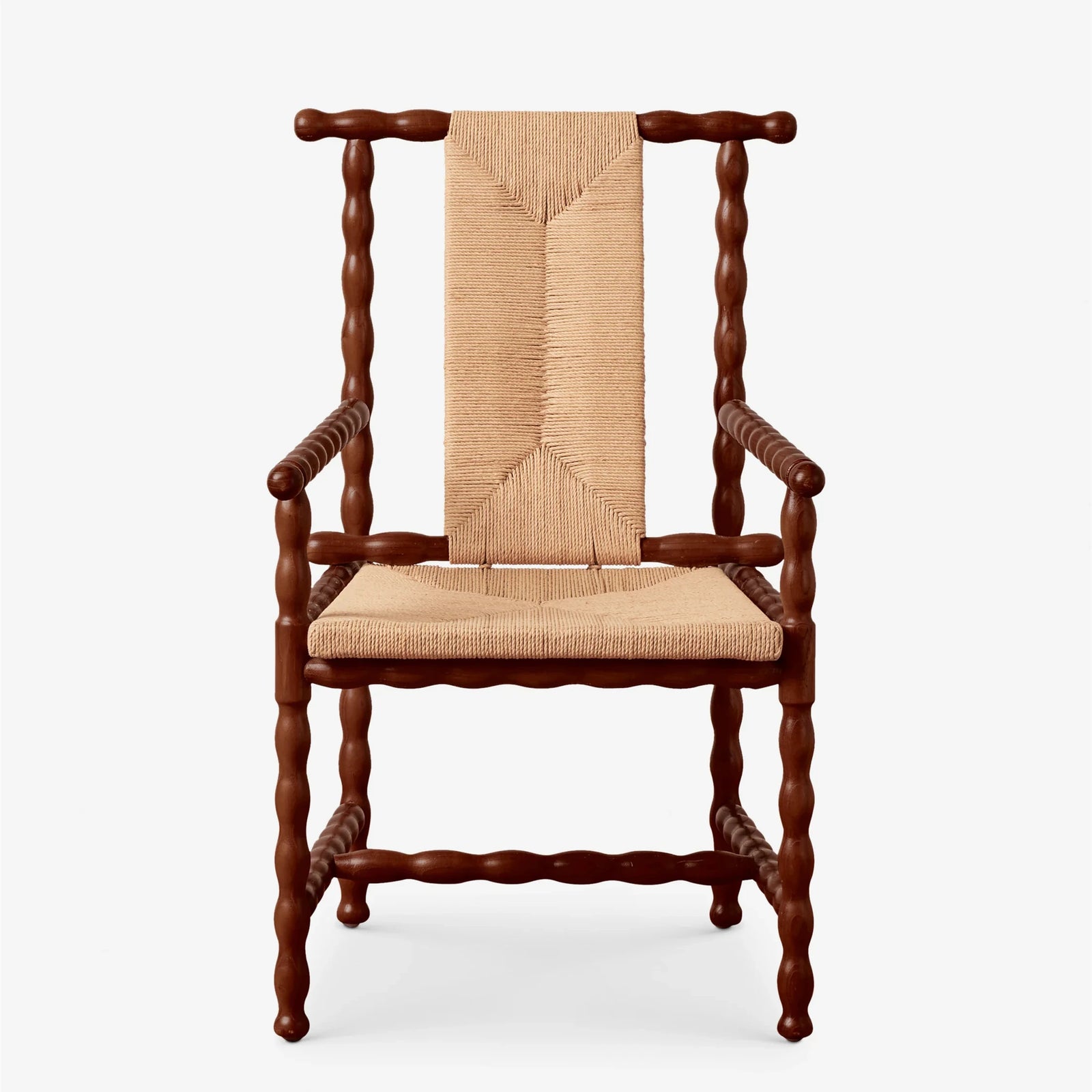 Retro Deep Brown Wood Armchair with Handwoven Paper Rope Backrest, Vintage-style Solid Wood Lounge Chair for Guesthouses