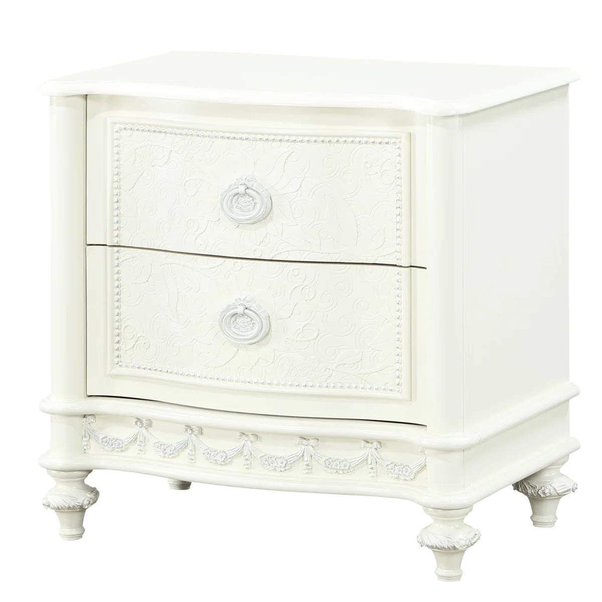 French Provincial Style White Carved Nightstand 2 Drawer Solid Wood Bedside Table for Bedroom Furniture