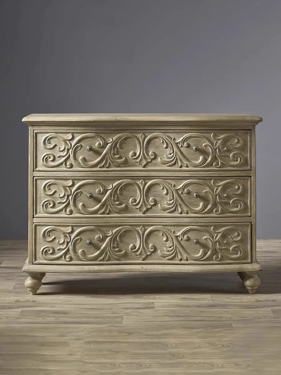 American Solid Wood Carved Three-drawer Cabinet, Used As Storage in Bedroom or Living Room