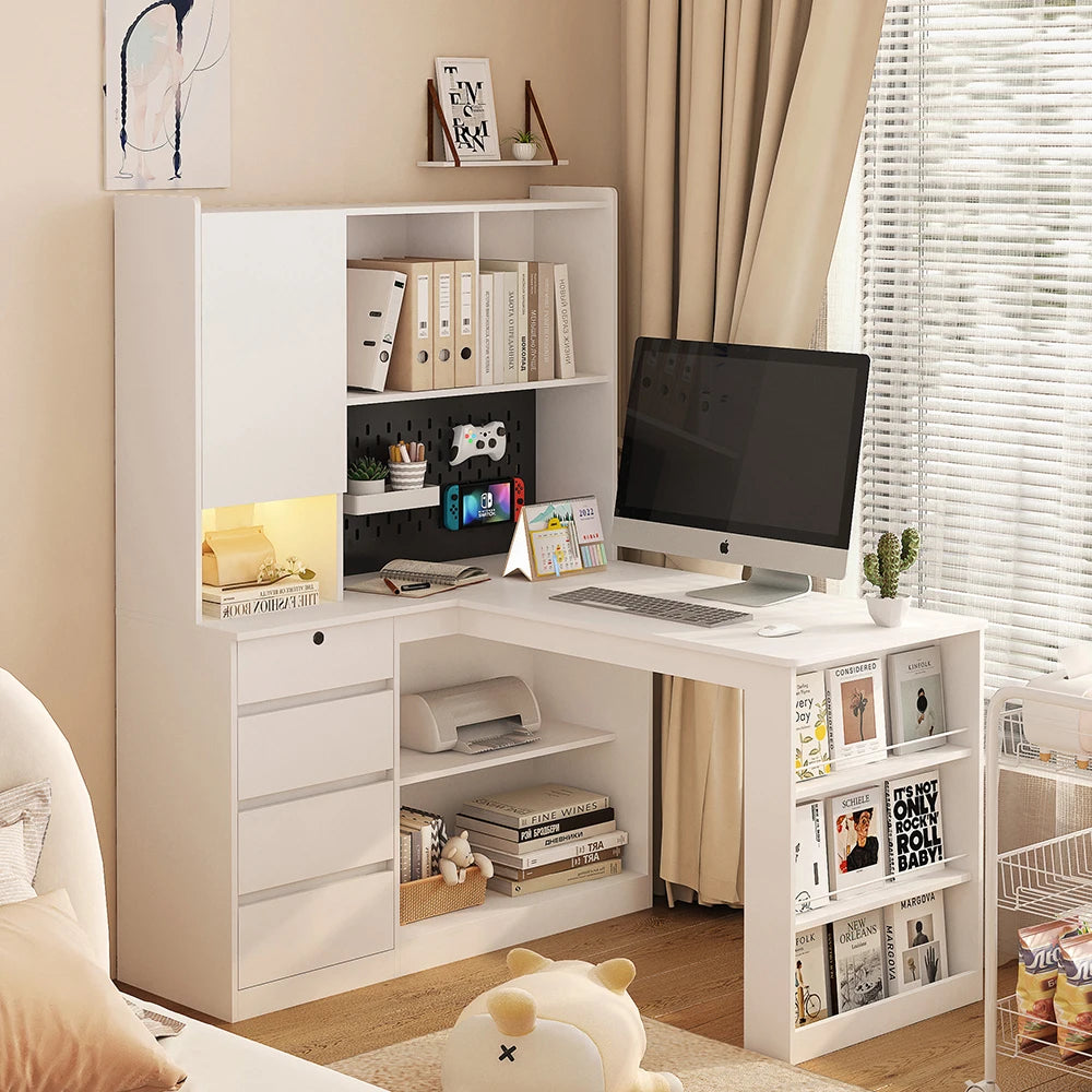 L Shaped Desk with Charger,Computer Desk with Drawers Modern Corner Desk,Home Office Desk,L-Shaped Study Table Writing Desk