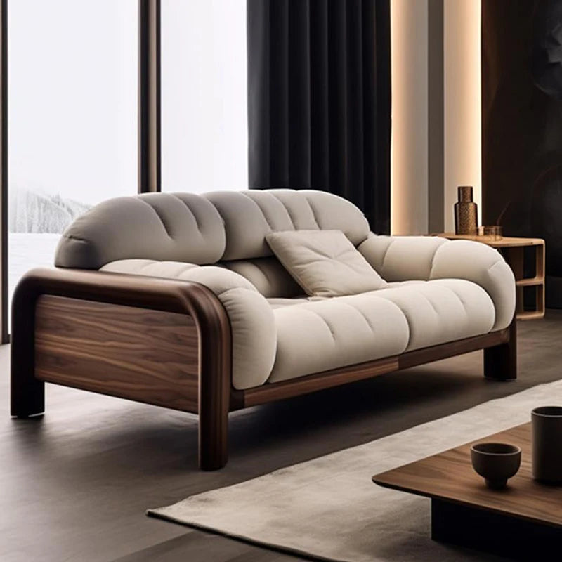 Maxky ISO9001 Certified New Modern High-End Walnut Fabric Semicircle Sectional Sofa Solid Wood Three/Four Seats Living Room