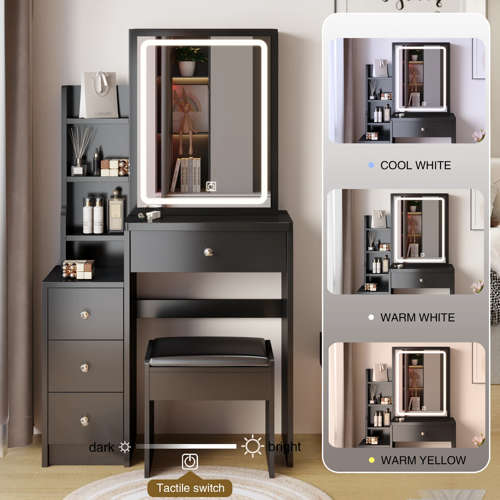 Small Space Left Bedside Cabinet Vanity Table + Cushioned Stool Extra Large Touch Control Sliding LED Mirror Tri-color Switching
