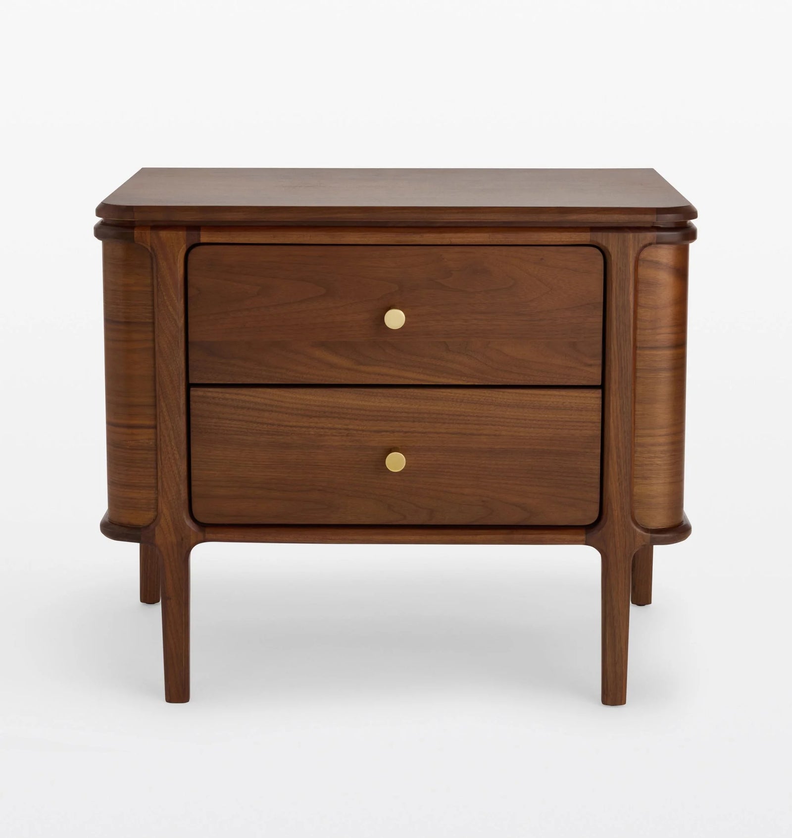 Nordic Solid Oak Wood Nightstand with 2 Drawers Brass Knobs, Solid Wood Bedside Table for Bedroom Storage