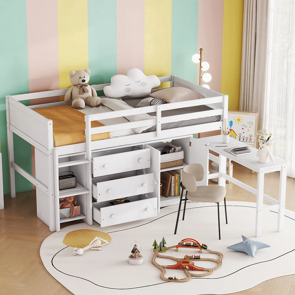 Bunk Bed for Children Twin Size Low Loft Bed With Pull-Out Desk, Drawers, Cabinet, and Shelves for White Color Children's Bed