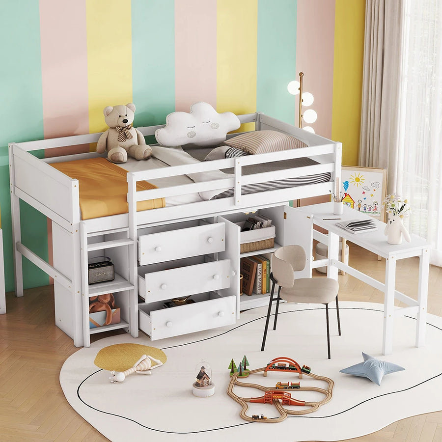 Bunk Bed for Children Twin Size Low Loft Bed With Pull-Out Desk, Drawers, Cabinet, and Shelves for White Color Children's Bed