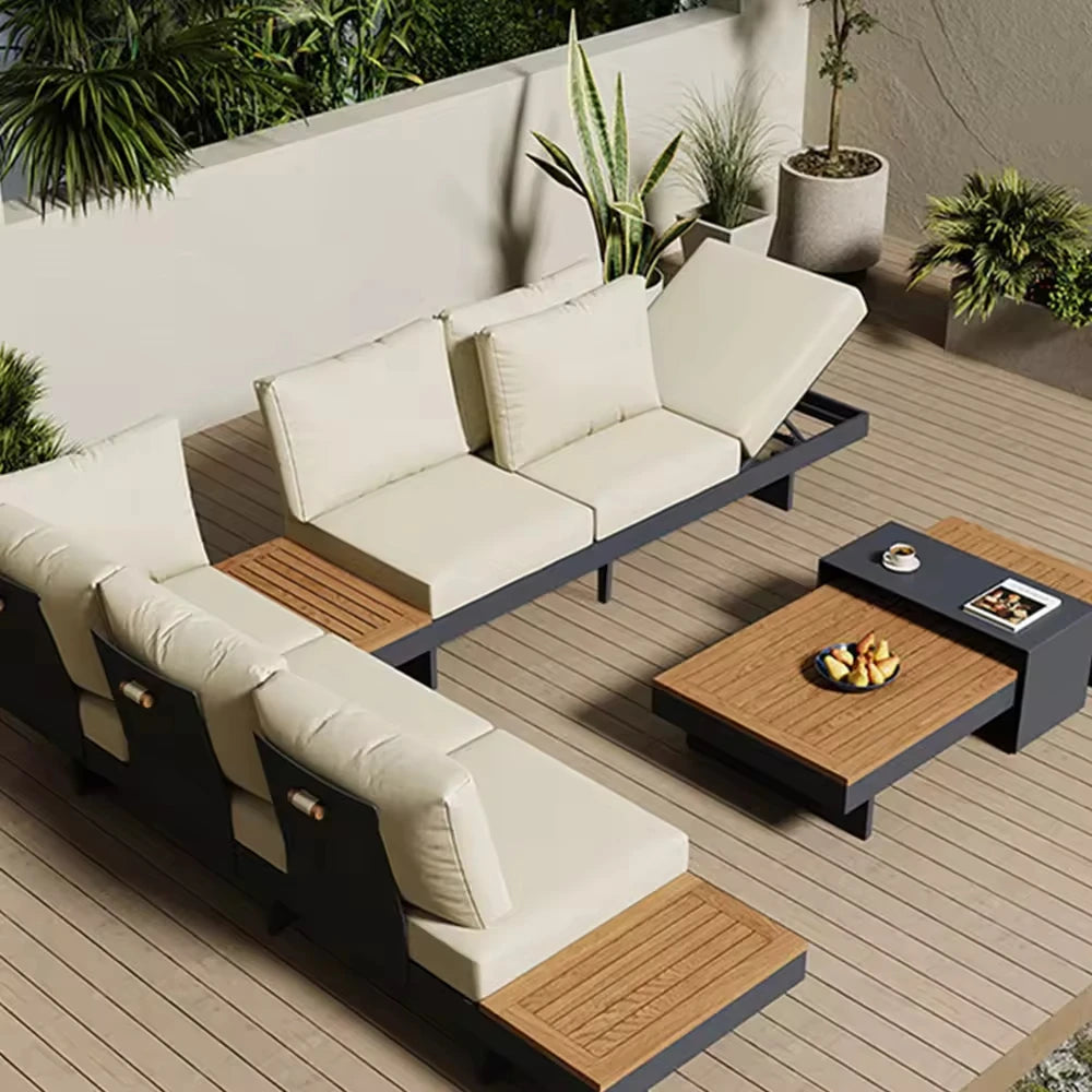 Outdoor Aluminum Alloy Teak Wood Sofa for Hotels Villas Patios Balconies Schools Parks-Open-Air Rain Sun Protection Furniture