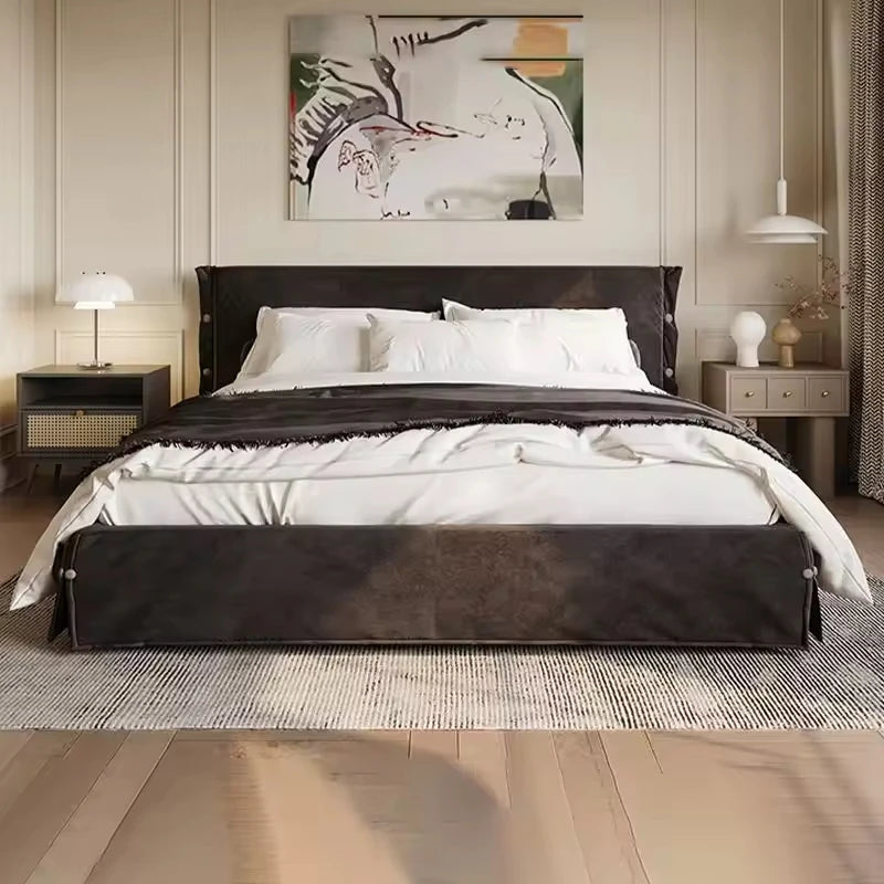 Modern Minimalist Solid Wood Double Bed High Box Storage Cream Style Elephant Ear Genuine Leather Melamine Panel for Hotel Use