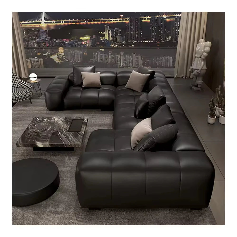 Italian Pixel's Stylish New Design Sectional Sofa Full Leather with Brushed Wood Velvet Modular Corner Bed