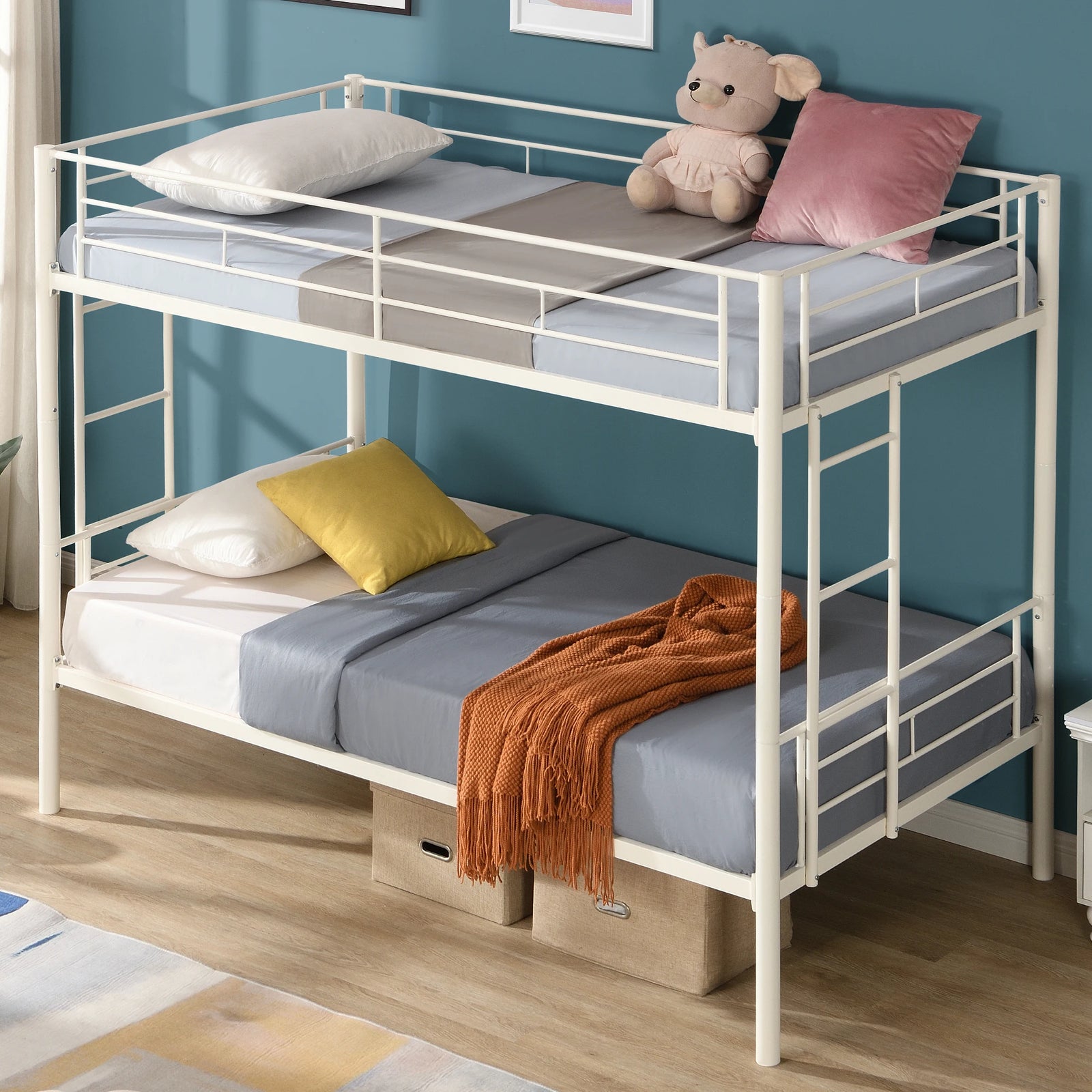 Twin Metal Bunk Bed Metal Structure Bedframe With Safety Guardrails and 2 Ladders,Convertible Bunkbeds,No Spring Box Required